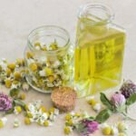 Флакон ромашкового лосьйону після засмаги на світлому фоні